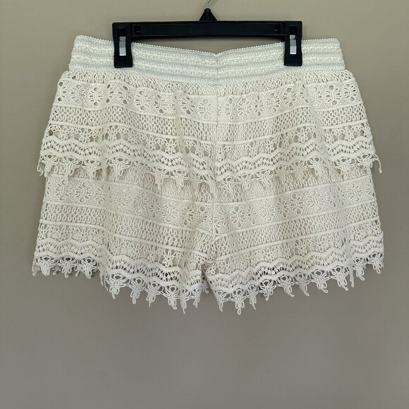 Cottagecore Layered Crochet Lace Shorts Women L Beige Off White Stretch Boho - Picture 4 of 6